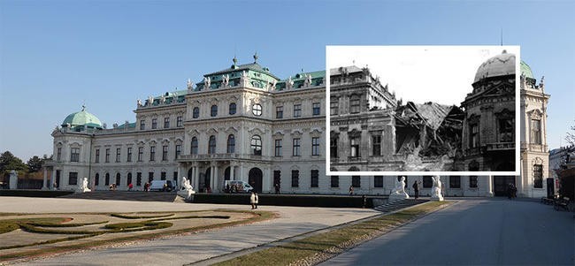 Дворец Бельведер в 1945 и 2015 годах