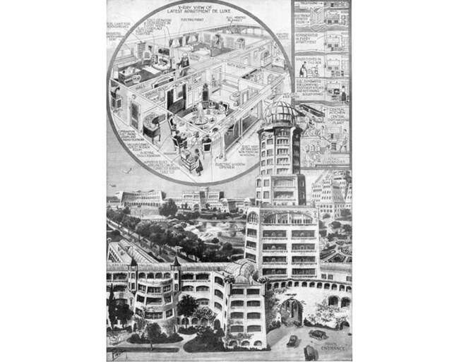 5. Вот как художник-футурист в 1920 г. представлял жилье будущего