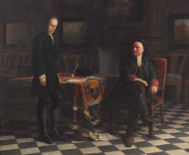 2. «Пётр I допрашивает царевича Алексея в Петергофе»