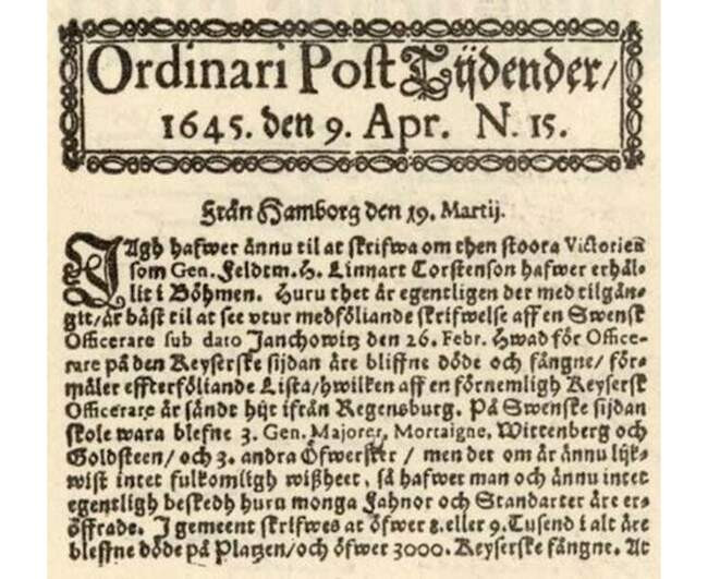 Старейшая газета Стокгольм (Швеция), 1645 год