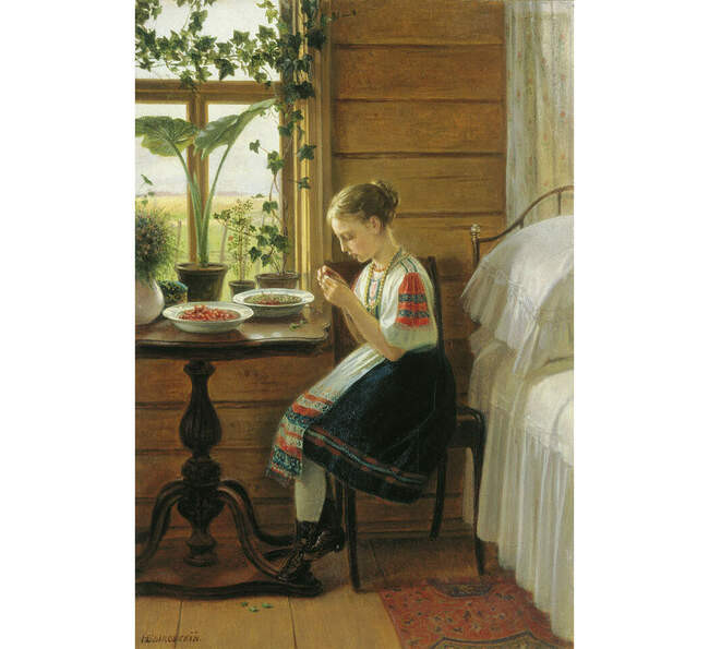 Николай Быковский. На даче. Девочка за чисткой ягод. 1880