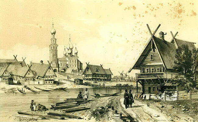 Андре Дюран. Вид села между Новгородом и Тверью. 1839