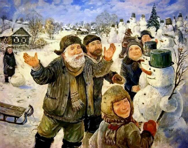 Лепка снеговиков, которые были «бабами»