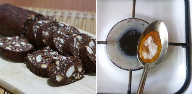 Шоколадная колбаса, корзинки и карамель в чайной ложке