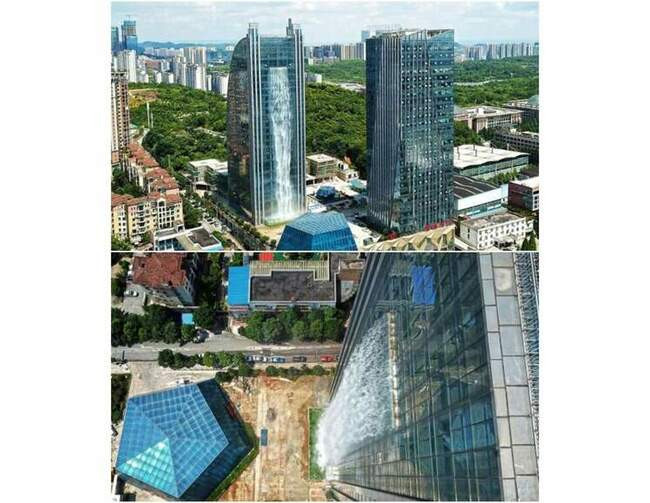 5. Искусственный водопад, стекающий по фасаду небоскреба Liebian International Building (Гуйян, Китай)